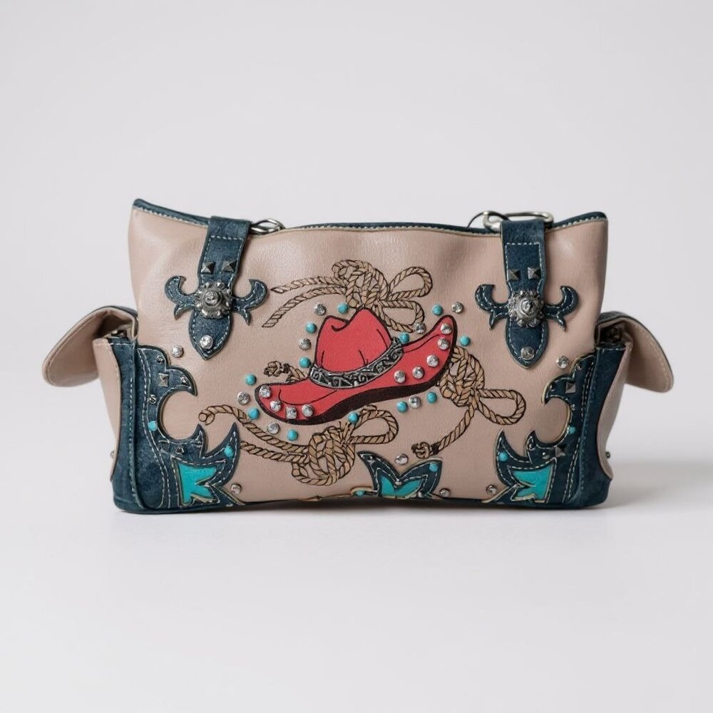 Cowgirl Trendy Purse Conceal Carry Teal And beige Rhinestone Bag